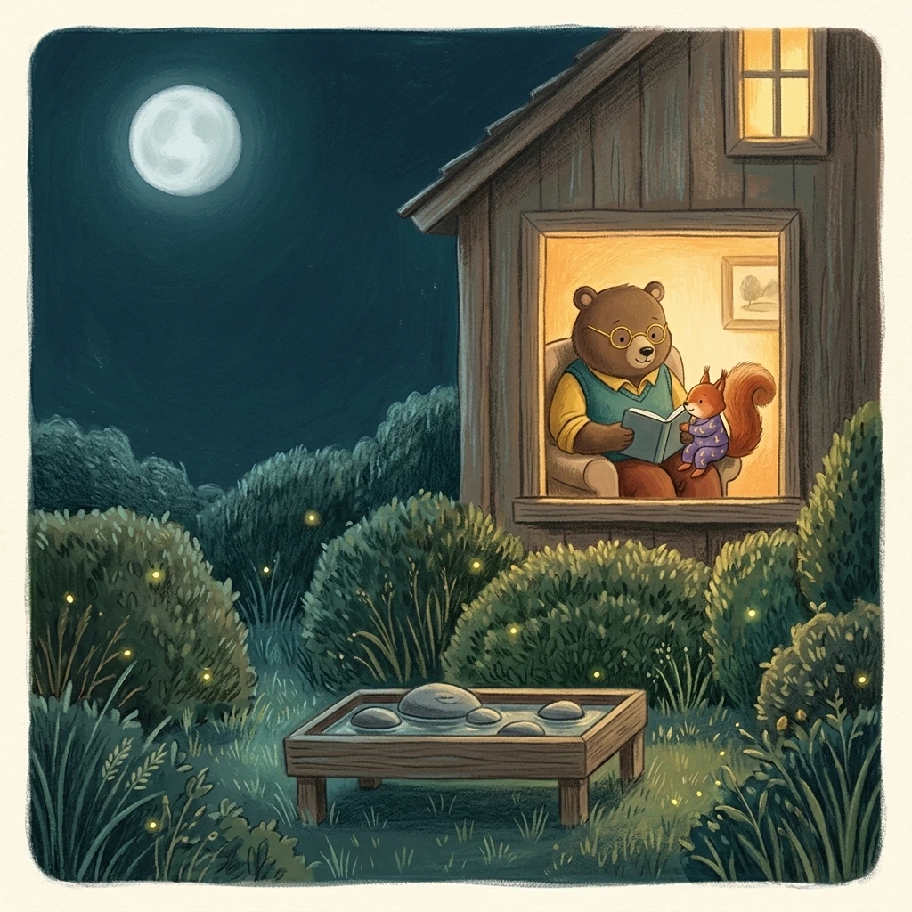 Moonlit woodland home with Nick Bear and Aurelia Squirrel reading in a warm window while smooth stones rest in a garden water table.