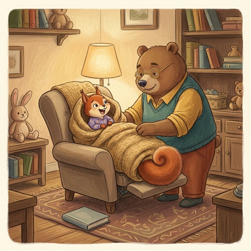 Nick Bear wraps laughing Aurelia Squirrel in a blanket like a burrito beside a cozy reading chair.