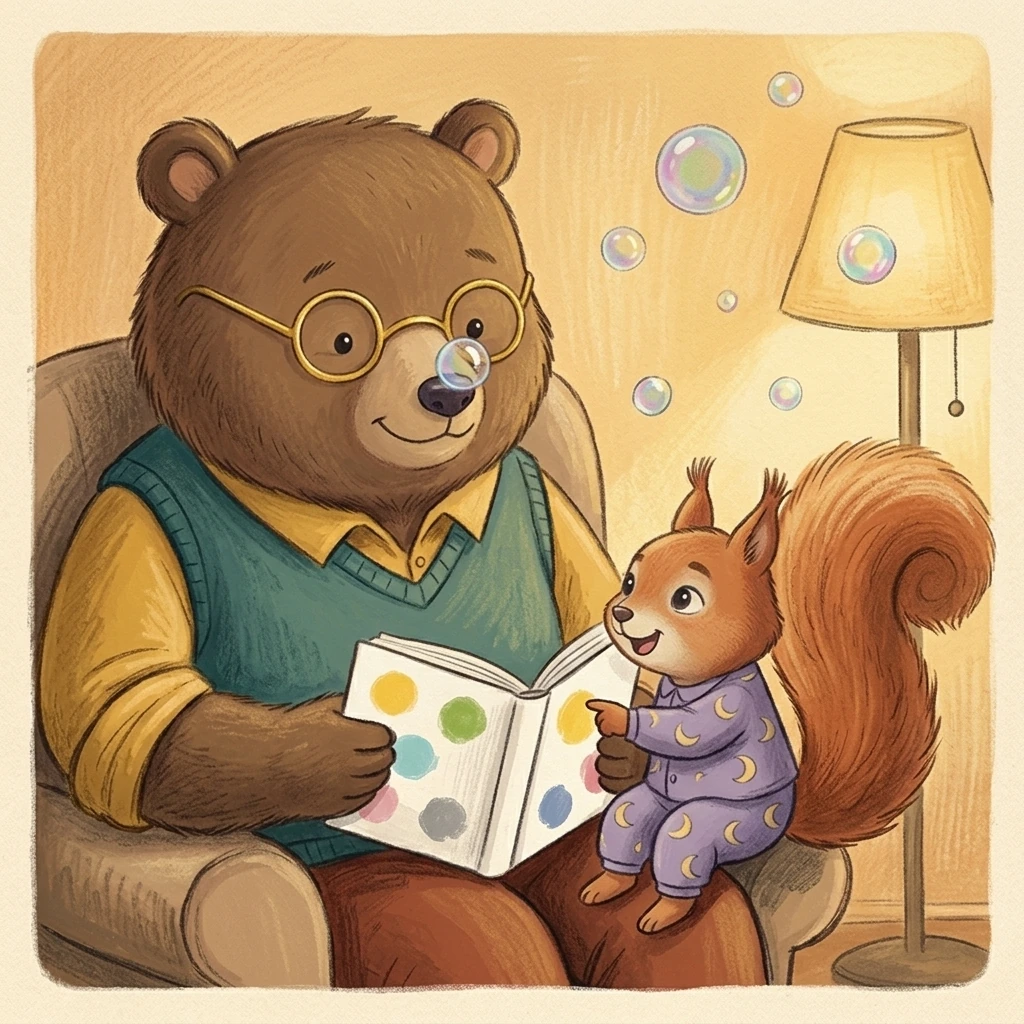 Aurelia points from colorful feeling circles to Nick Bear while bubbles float through the lamplight.
