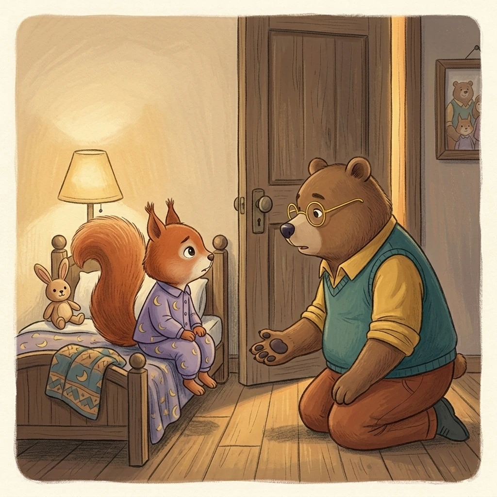 A worried Aurelia sits on her bed while Nick Bear kneels at her eye level and listens.