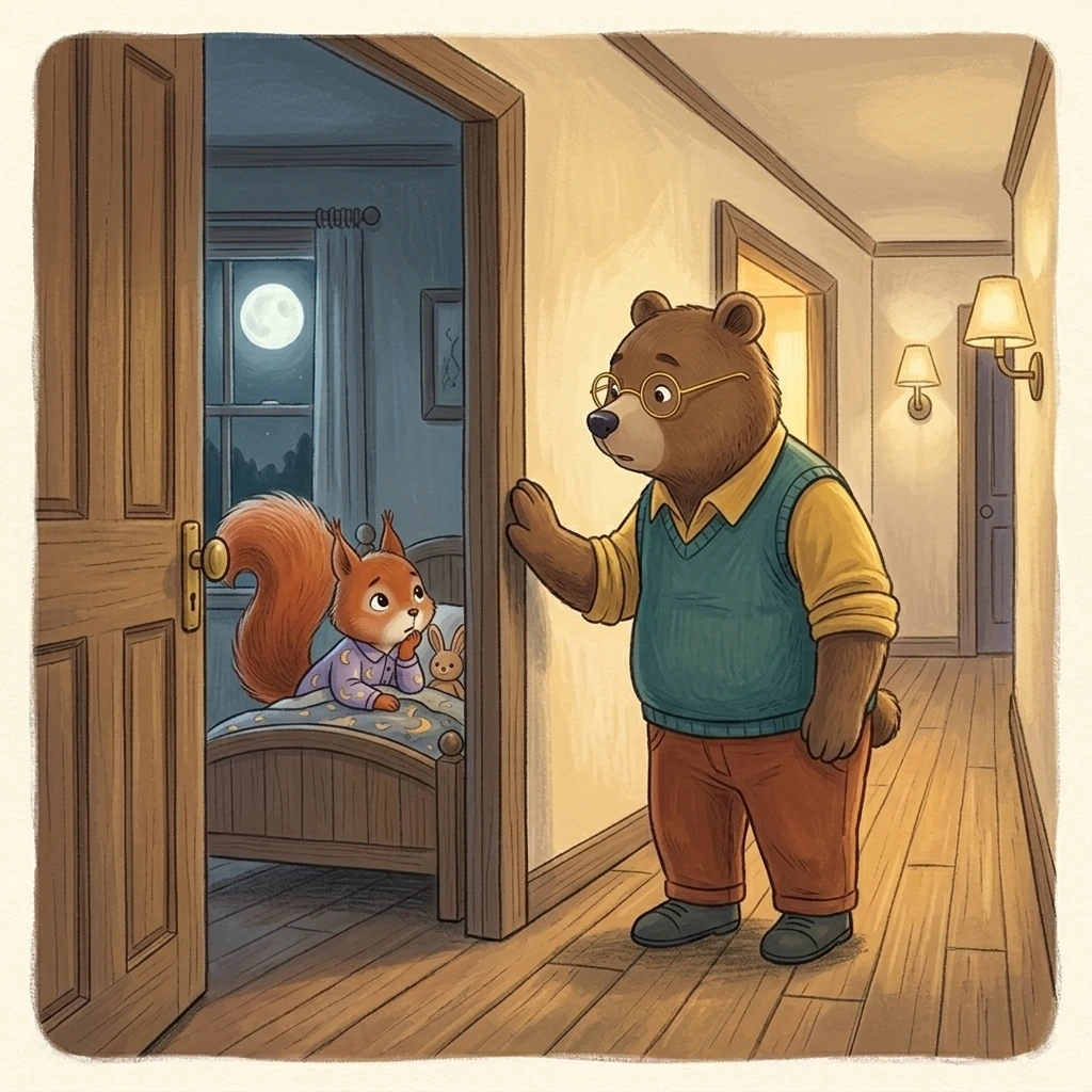 Nick Bear pauses just beyond Aurelia’s open bedroom door, listening while warm hallway light remains nearby.
