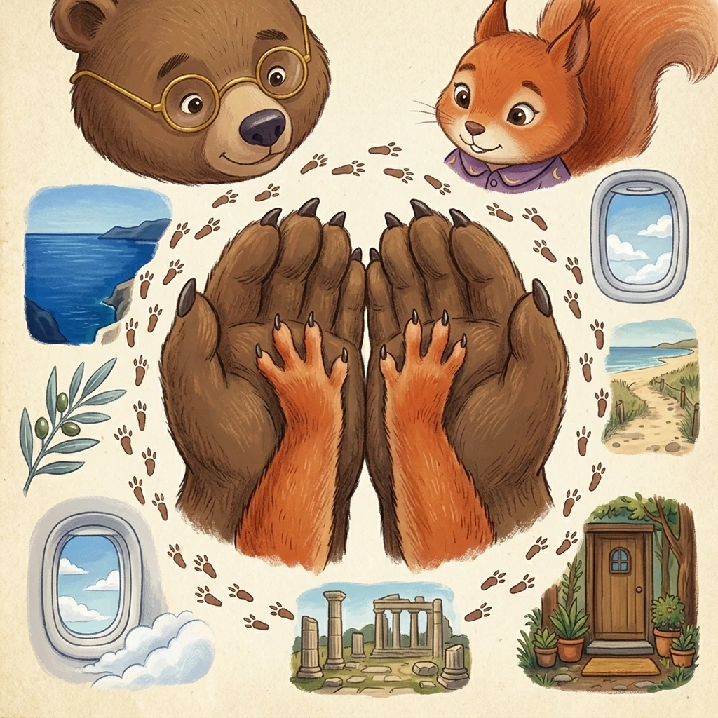 Aurelia’s small furry squirrel paws rest in Nick Bear’s paws, encircled by a path of travel memories.