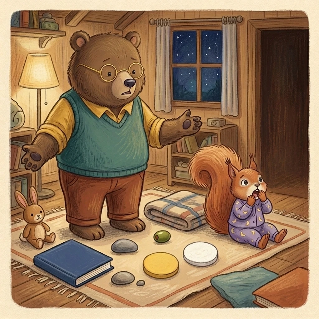 Nick Bear concludes an elaborate bedtime demonstration while Aurelia calls toward the doorway for Mama.