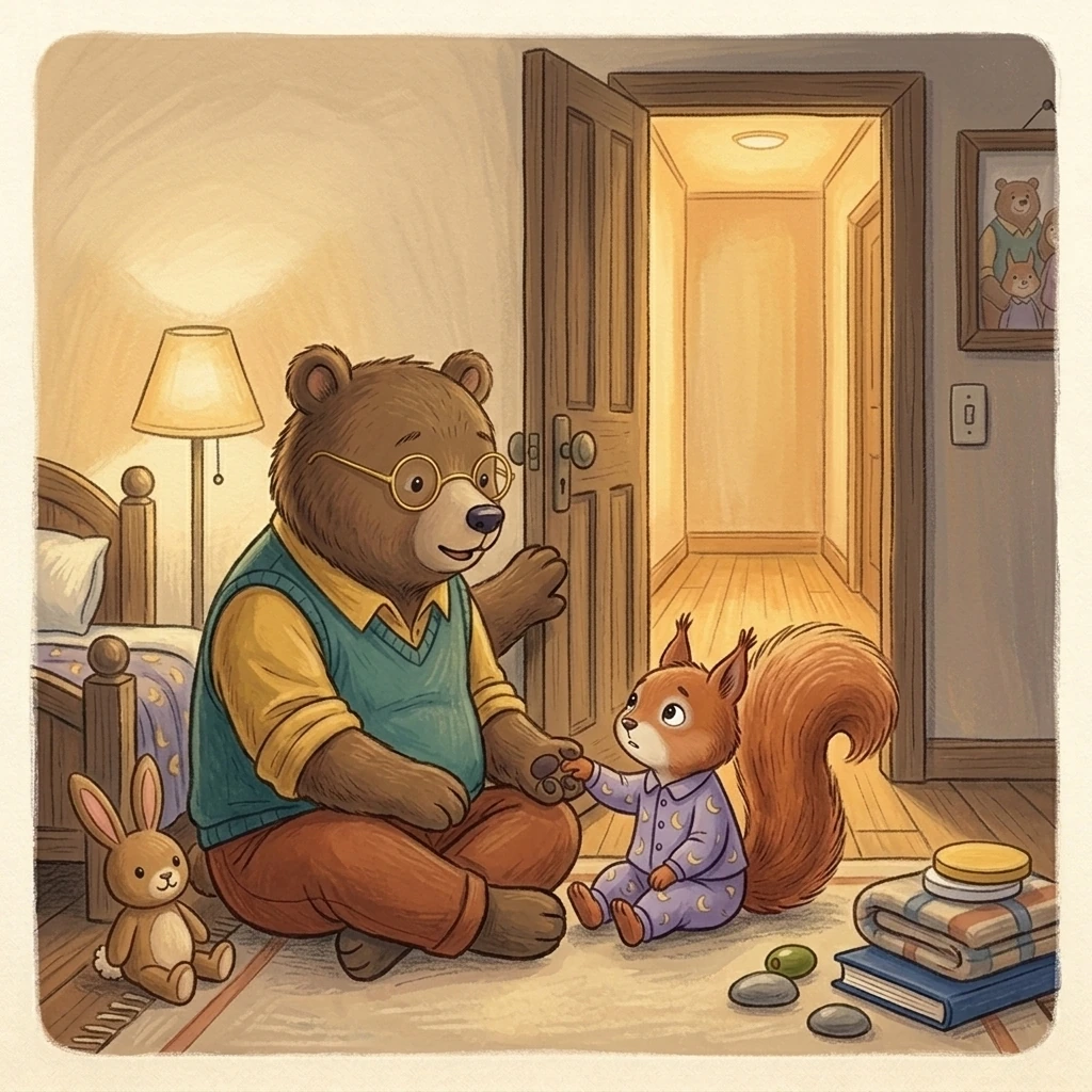 Nick Bear sets the bedtime demonstration aside, holds Aurelia’s paw, calls Mama and waits beside the open door.