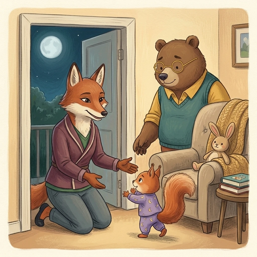 Dena Fox arrives with open arms as Aurelia reaches for her and Nick Bear completes the bedtime handoff.