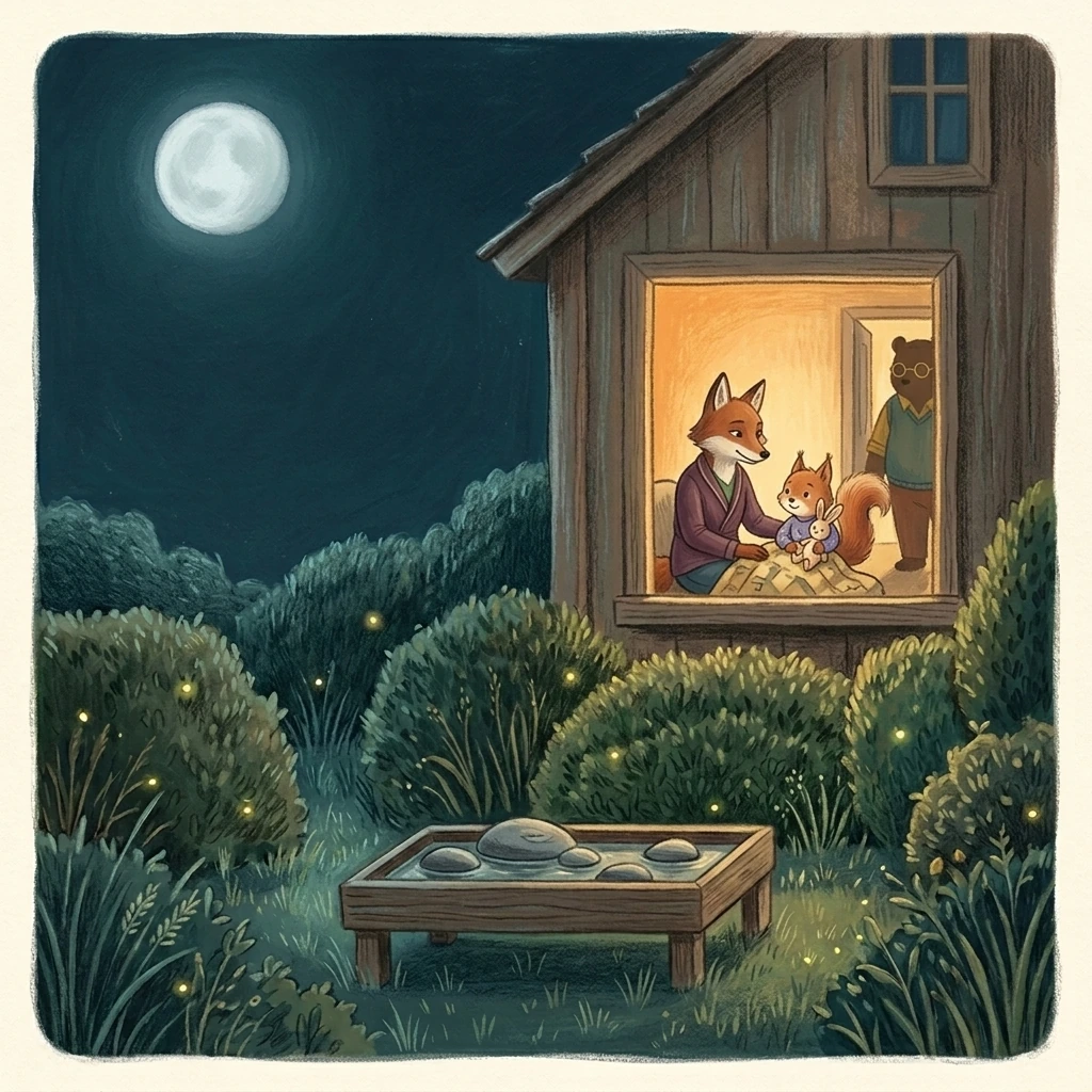 Moonlit stones rest outside the warmly glowing family home while Dena, Aurelia and Nick remain close inside.